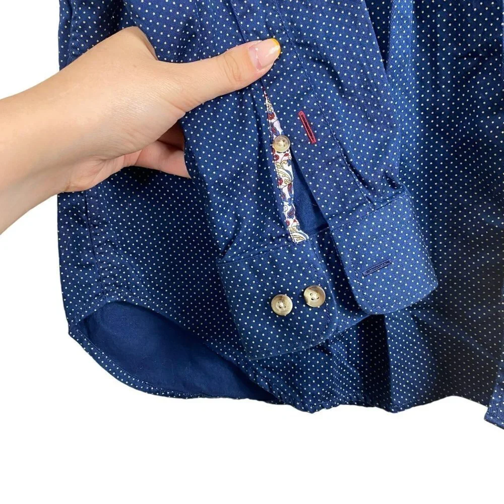 Aldo Men's Blue White Polka Dots Print Cotton Button Down Long Sleeve‎ Shirt XL